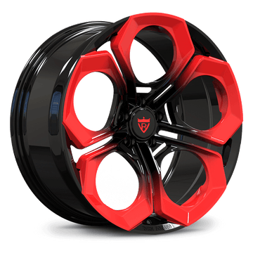 Custom forged mono-block wheel in black with red accents, super concave design, ideal for Audi RS5 and bespoke applications.